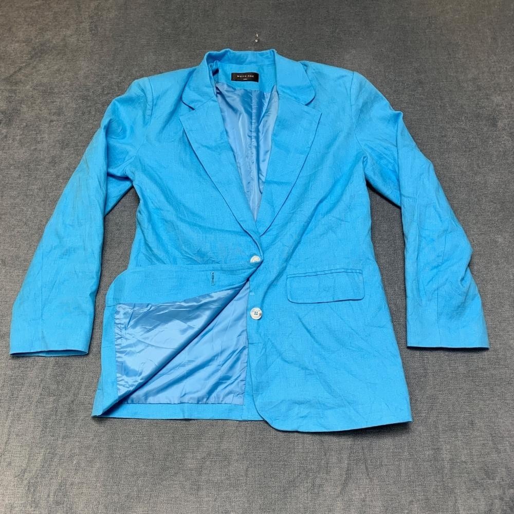 White Fox Blazer Jacket Womens Small Sky Blue Rayon Stretch Business Notch Lapel